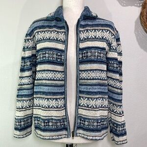 Vintage Tiara International Blue Cream Tan Zip Cardigan Nordic Faire Island L